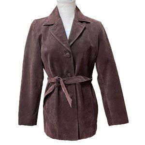 New York & Company Suede Long Lather Jacket with Belt Size: XL